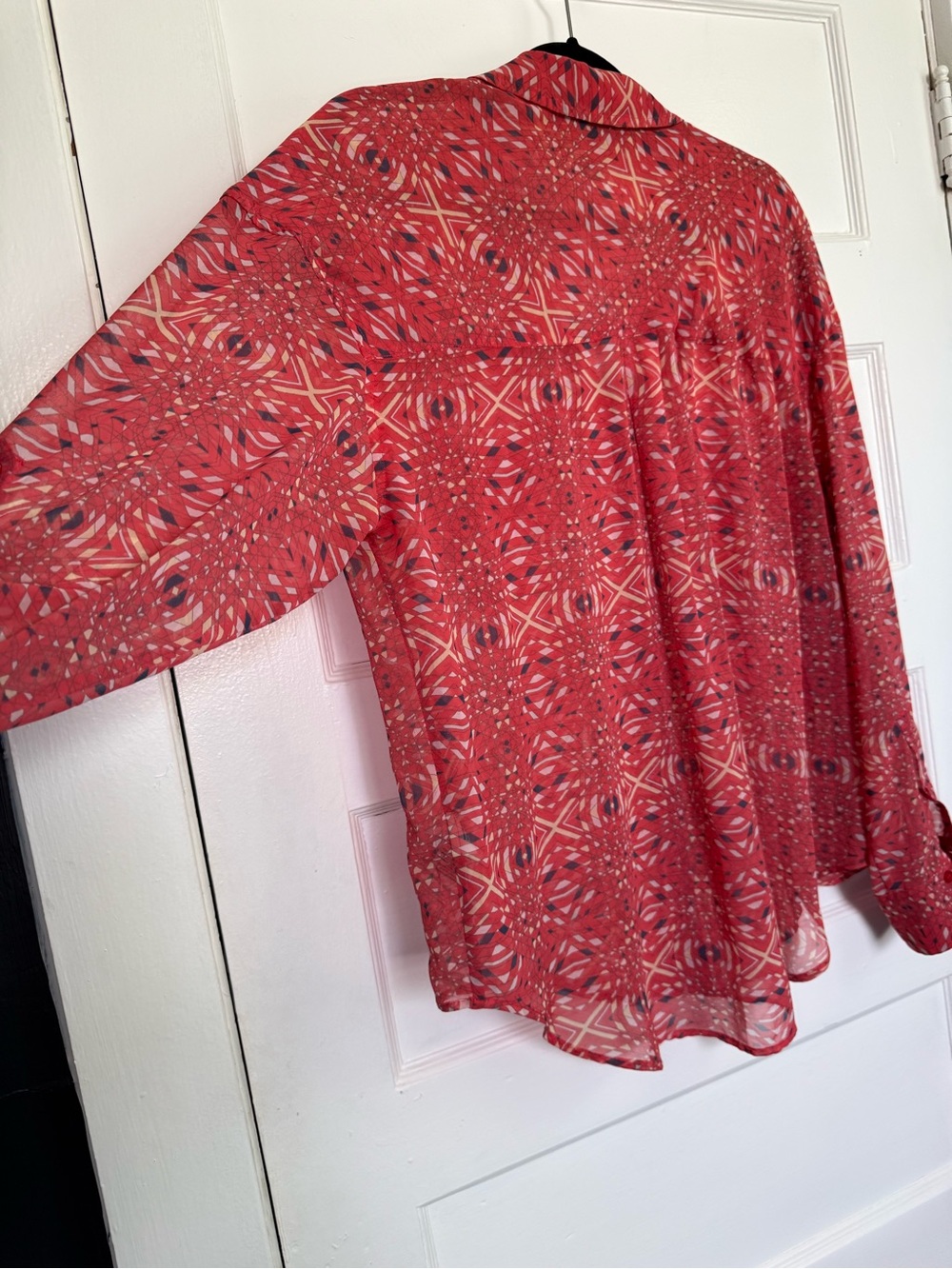 Free People Easy Rider Sheer Chiffon Coral Geometric Print Button-Down Shirt M - Picture 11 of 13